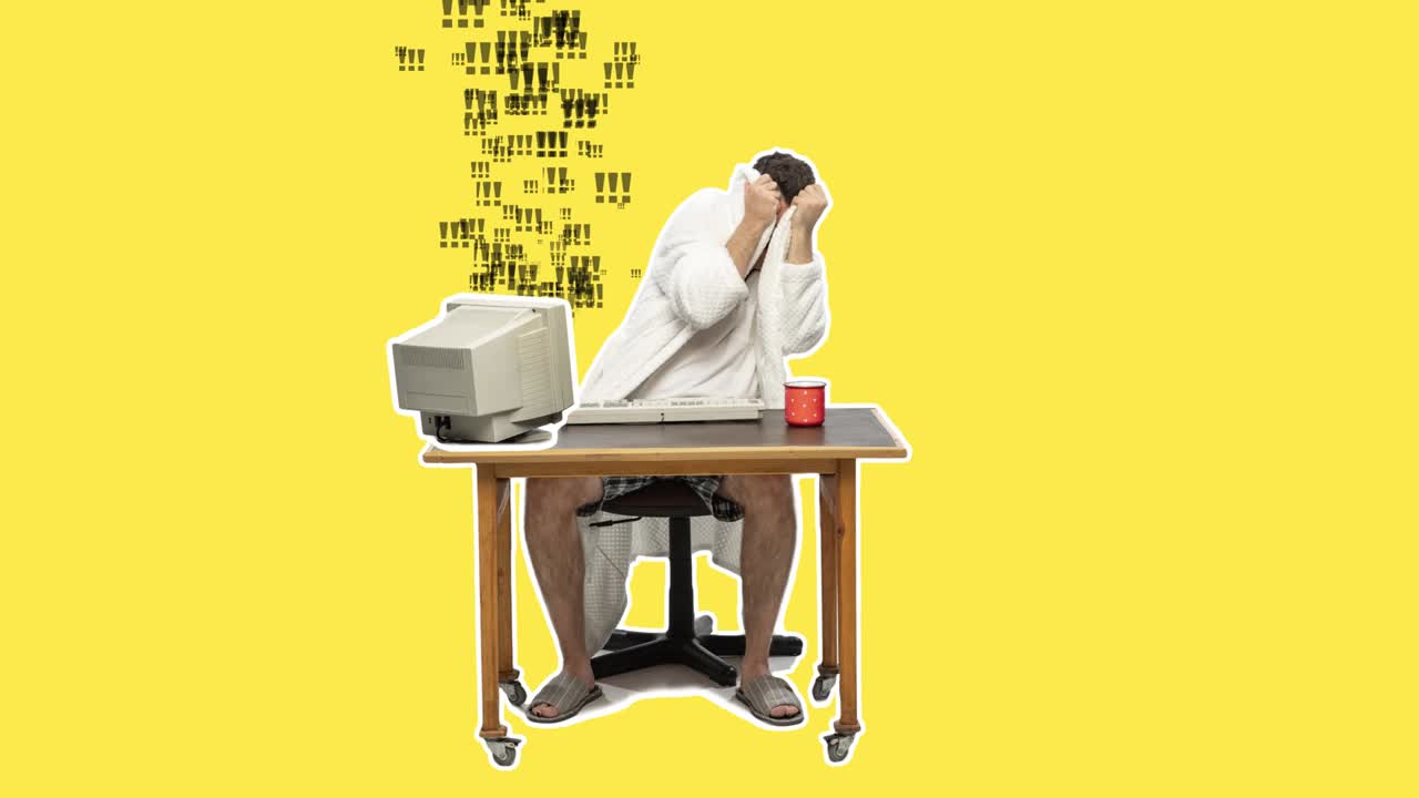 Bad news. Man sitting at computer and retro monitor. Angry shocked funny freelancer or office worker using internet at home. Looped animation. 4k. Stop motion design, 2D animation. Business concept