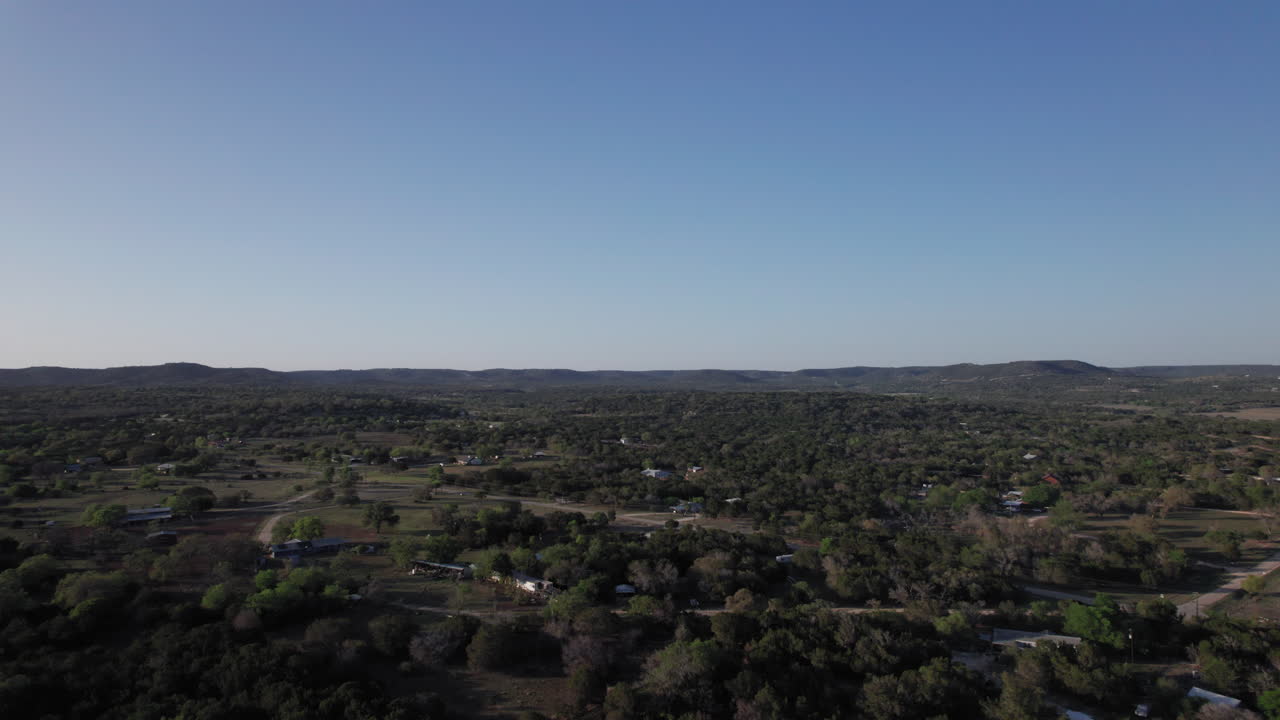 Aerial drone shot of the Texas Hill Country and ranch land near Bandera, Texas