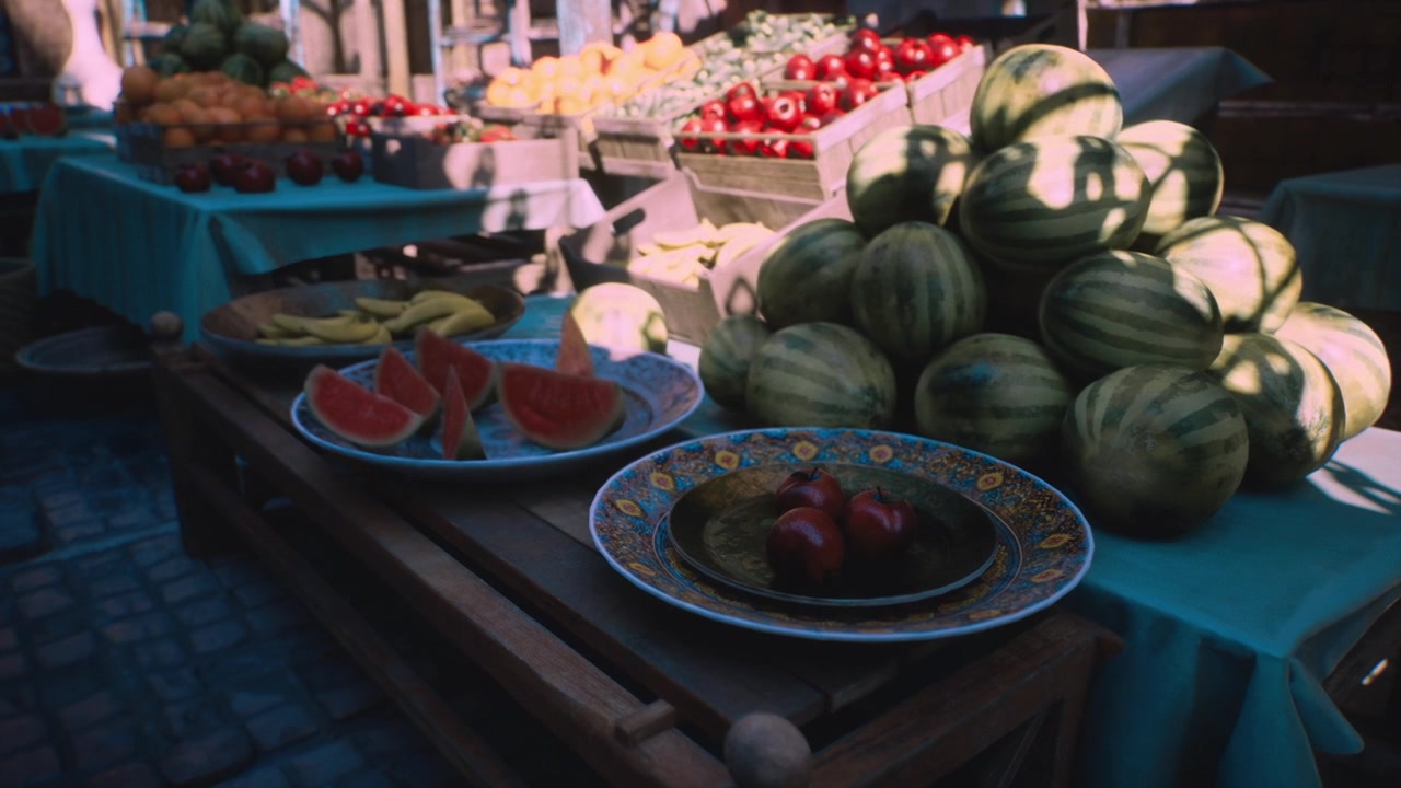 Quiet market evening with cobblestones and shadowed fruit arrangements