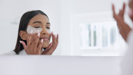 skincare, bathroom and happy woman with eye pads