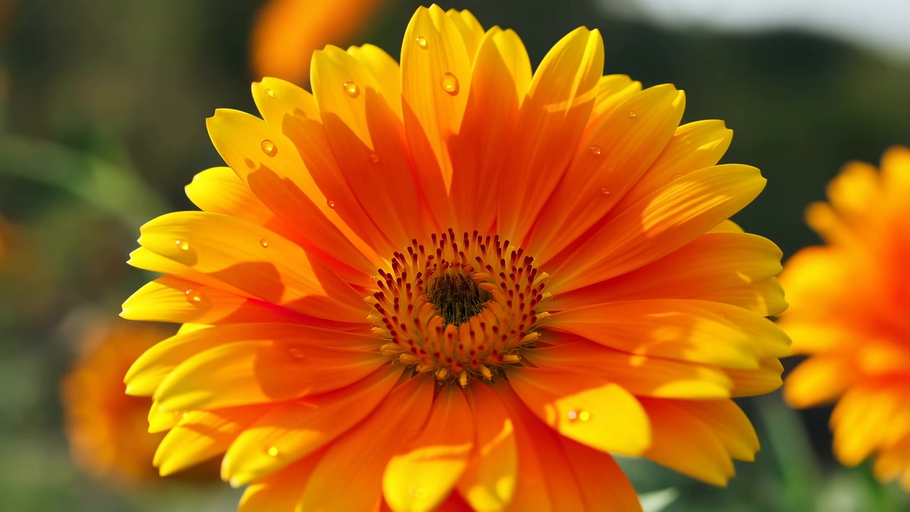 Primo piano frontale di un fiore simile a una margherita giallo-arancio in piena fioritura, petali che si irradiano attorno a un disco centrale testurizzato con superficie rugiadosa, riflessi della luce solare, sfocatura dello sfondo morbida e botanica luminosa.