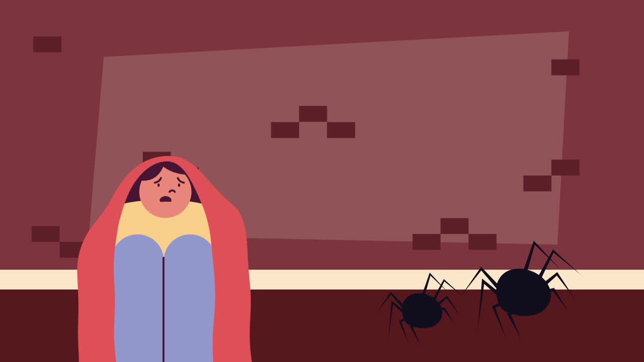 niño asustado bajo una manta con arañas