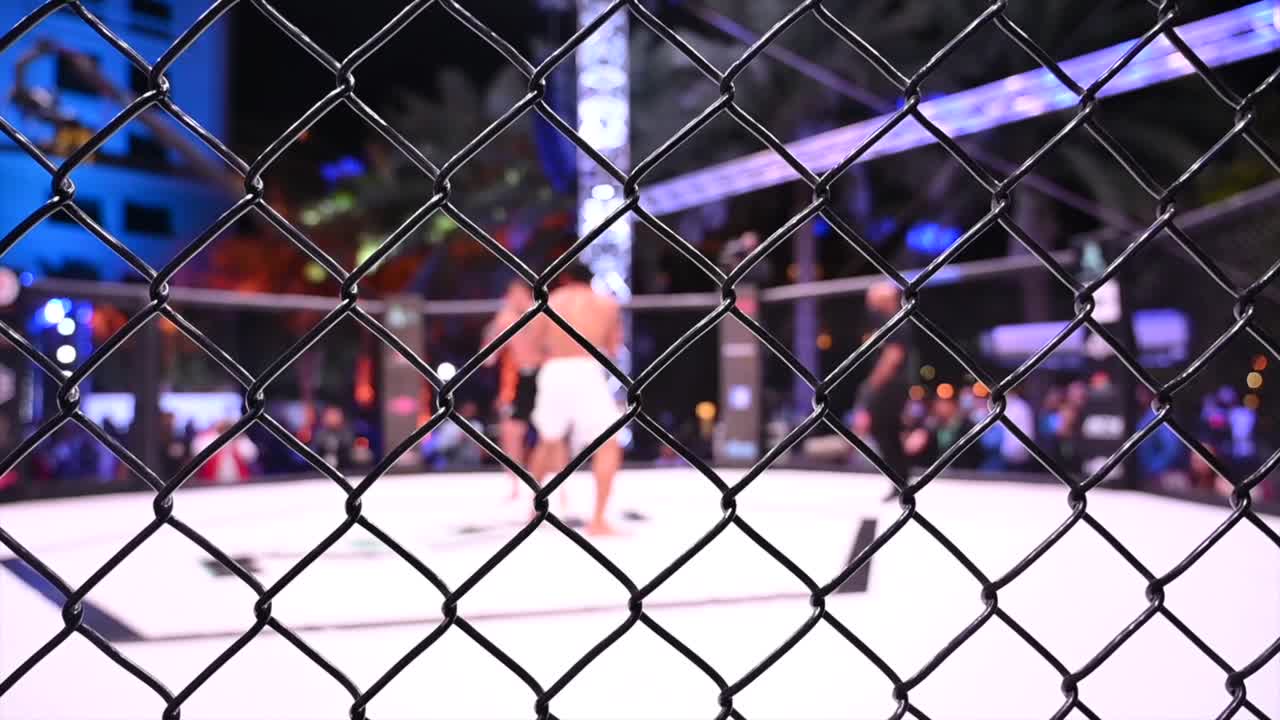 imágenes borrosas: atletas en la noche de lucha de la matriz del anillo, torneo de competencia de artes marciales mixtas mfn, dubai