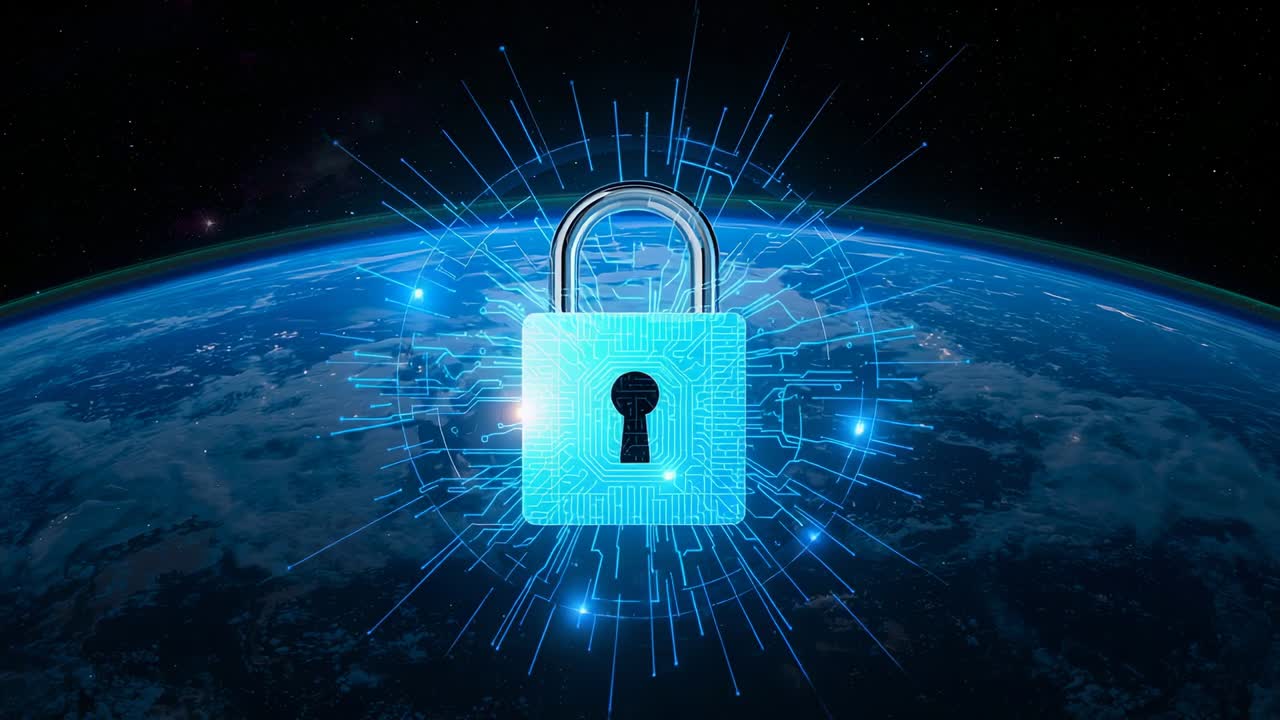 Appearing digital padlock icon pulsing circuitry above Earth horizon in space showing data security