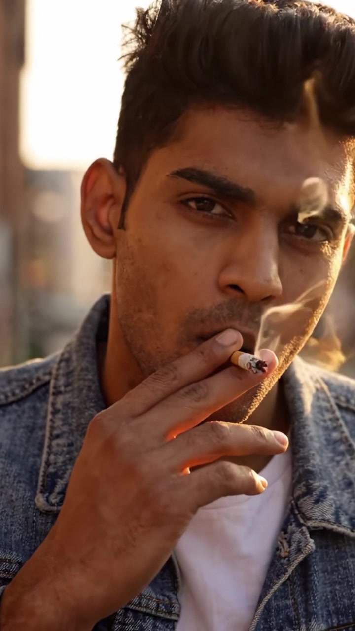 Un joven con chaqueta vaquera posa con confianza mientras fuma, capturando un momento lleno de actitud mientras el humo se riza alrededor de su rostro bajo la suave luz del atardecer.