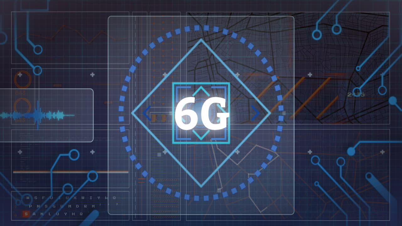 animación de texto de 6g, placa de circuito de computadora y procesamiento de datos sobre fondo azul