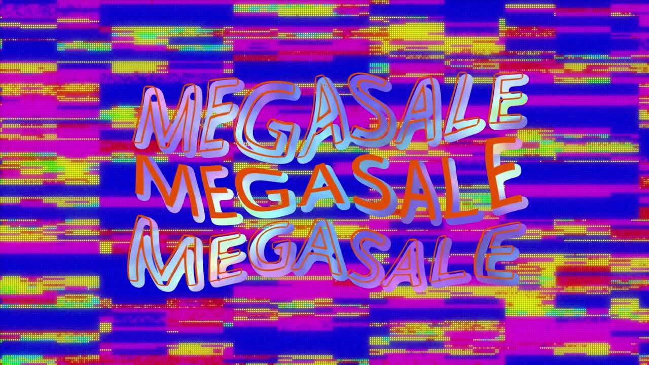 Animation of mega sale text banner against glitch effect background