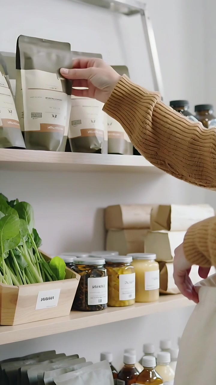Video verticale: Acquirente che si allunga controllando una bottiglia, mettendo una bustina nella borsa della spesa per comprare in negozio, con spazio per il testo.