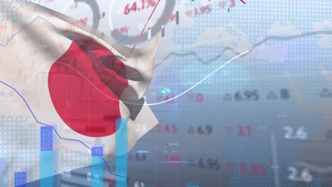 animation of financial statistics recording over flag of japan waving