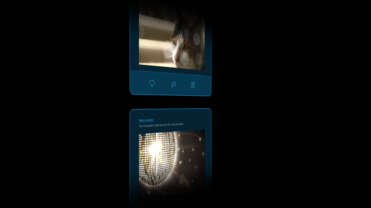 animación de la interfaz con las publicaciones de las redes sociales en fondo negro