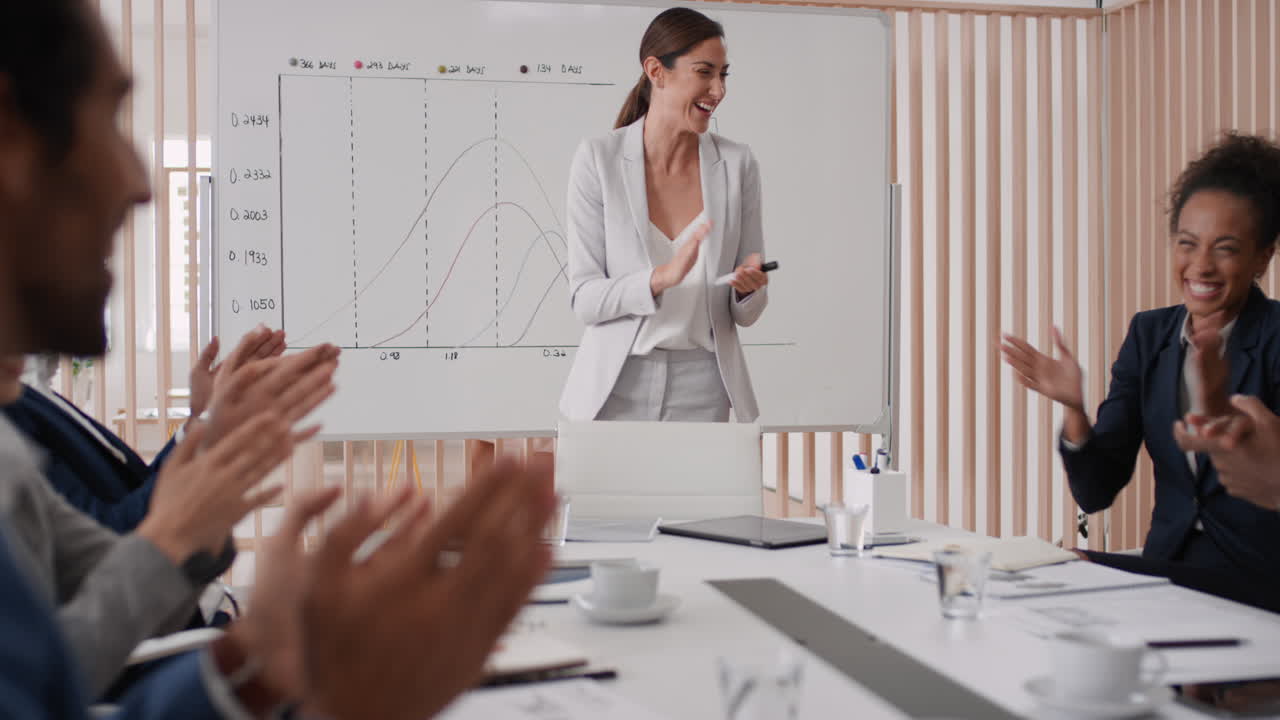 happy business people celebrating success in boardroom meeting enjoying corporate victory colleagues high five in office presentation