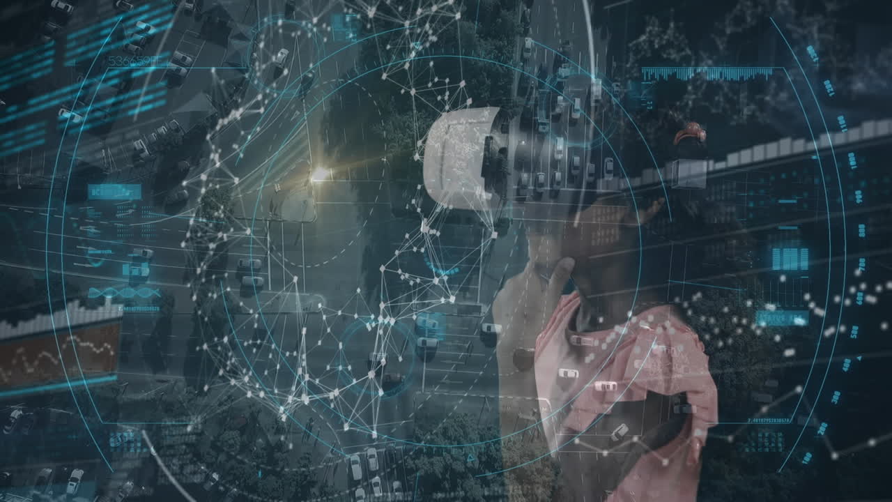 animazione dell'elaborazione dei dati su una donna che indossa un auricolare vr