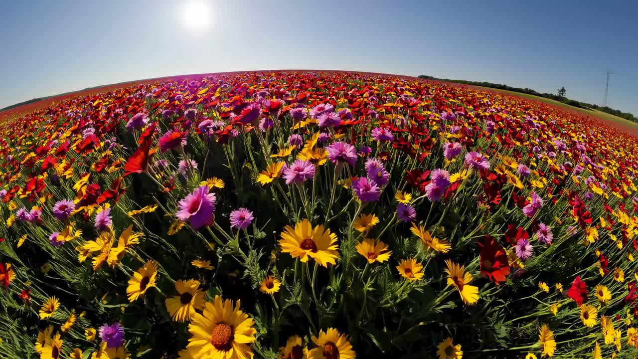 Uma foto grande-angular captura um vibrante campo de flores silvestres sob um céu azul claro, criando uma cena serena