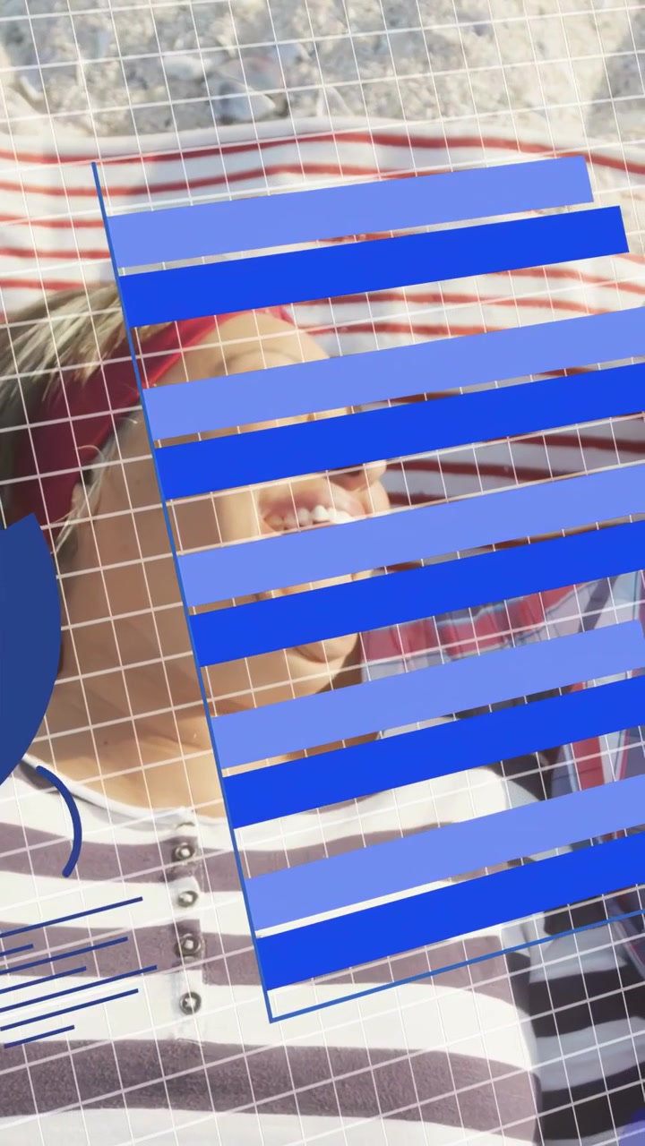 Vertikální video: Žena ležící na písku, překryvná vrstva animuje pruhy přes obličej, muž se naklání, což naznačuje zdravotní téma.