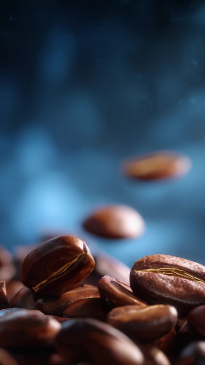 Fængslende kaffebønner, der svæver i luften mod en smukt sløret baggrund, og fremviser deres rige tekstur og dybe farve.
