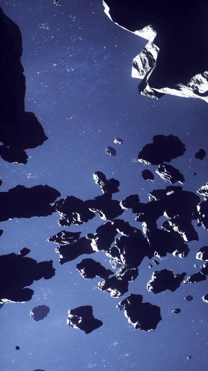 Una vista di asteroidi che galleggiano nello spazio con uno sfondo stellato, visti dal basso.