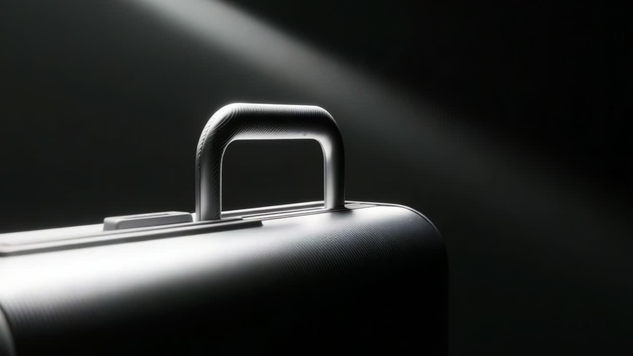 A Sleek Metallic Briefcase Illuminated by Dramatic Lighting, Showcasing Its Smooth Design and Inherent Professionalism in a Minimalistic Setting