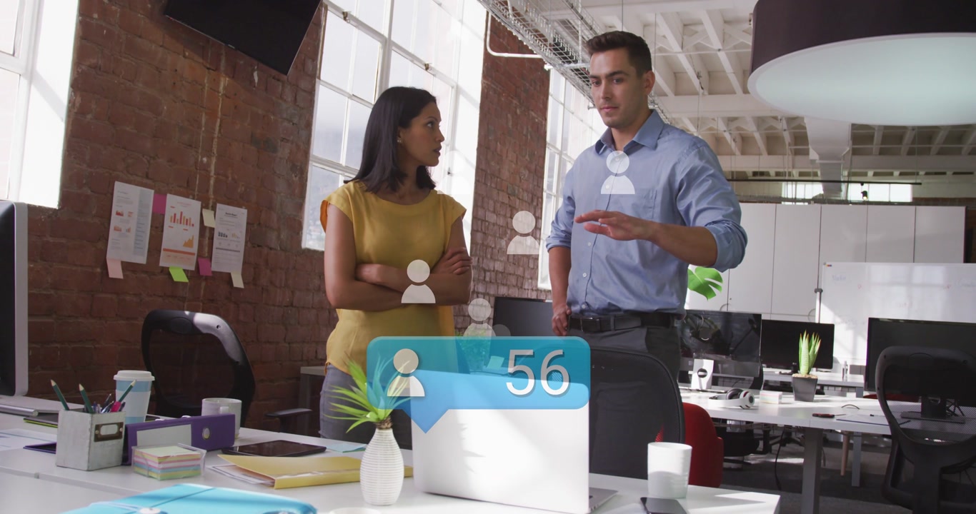 Notification bubble updating, man gesturing and woman listening, icons stacking to show engagement
