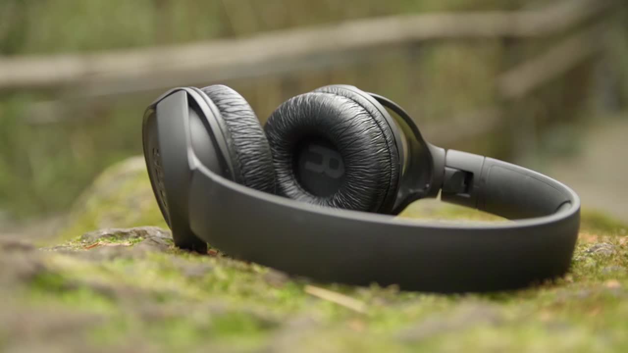 녹색 풍경을 확대하는 헤드폰