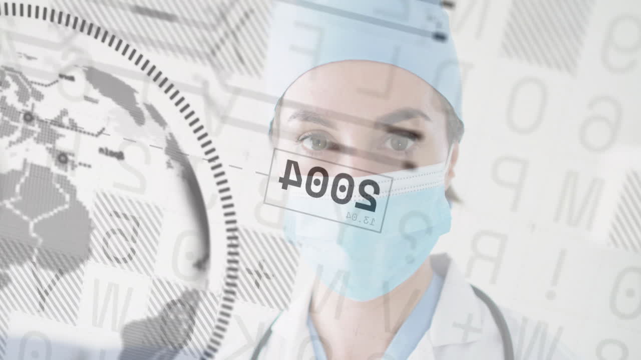Healthcare professional wearing mask with data processing animation over world map