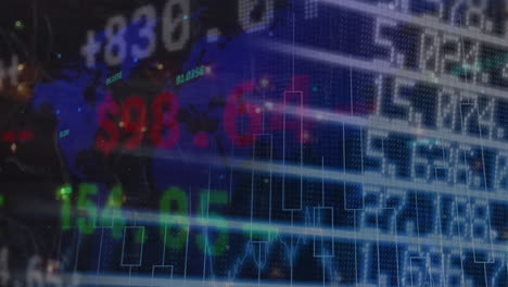 video compuesto digital del procesamiento de datos del mercado de valores sobre el mapa del mundo contra un fondo negro