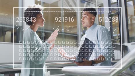 animation of data processing over diverse business people working at office
