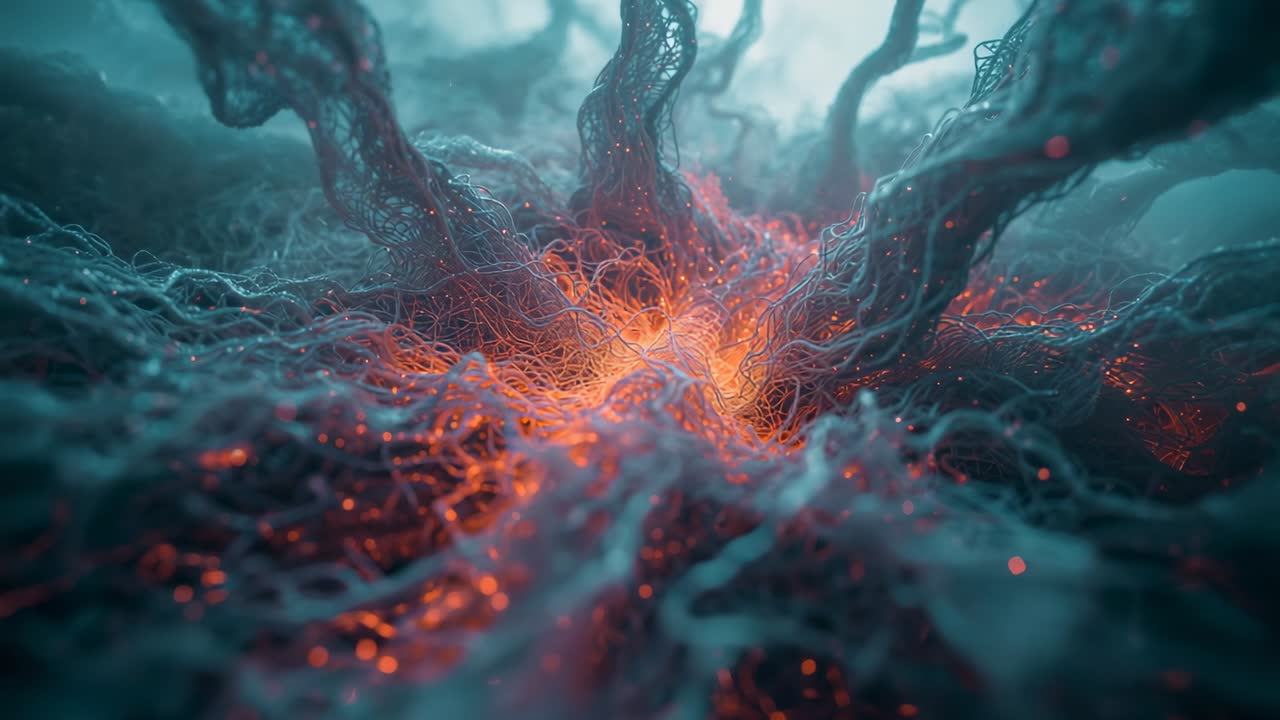 Playback initiating camera zooming closer to filaments in blue mist, revealing glowing core pulse