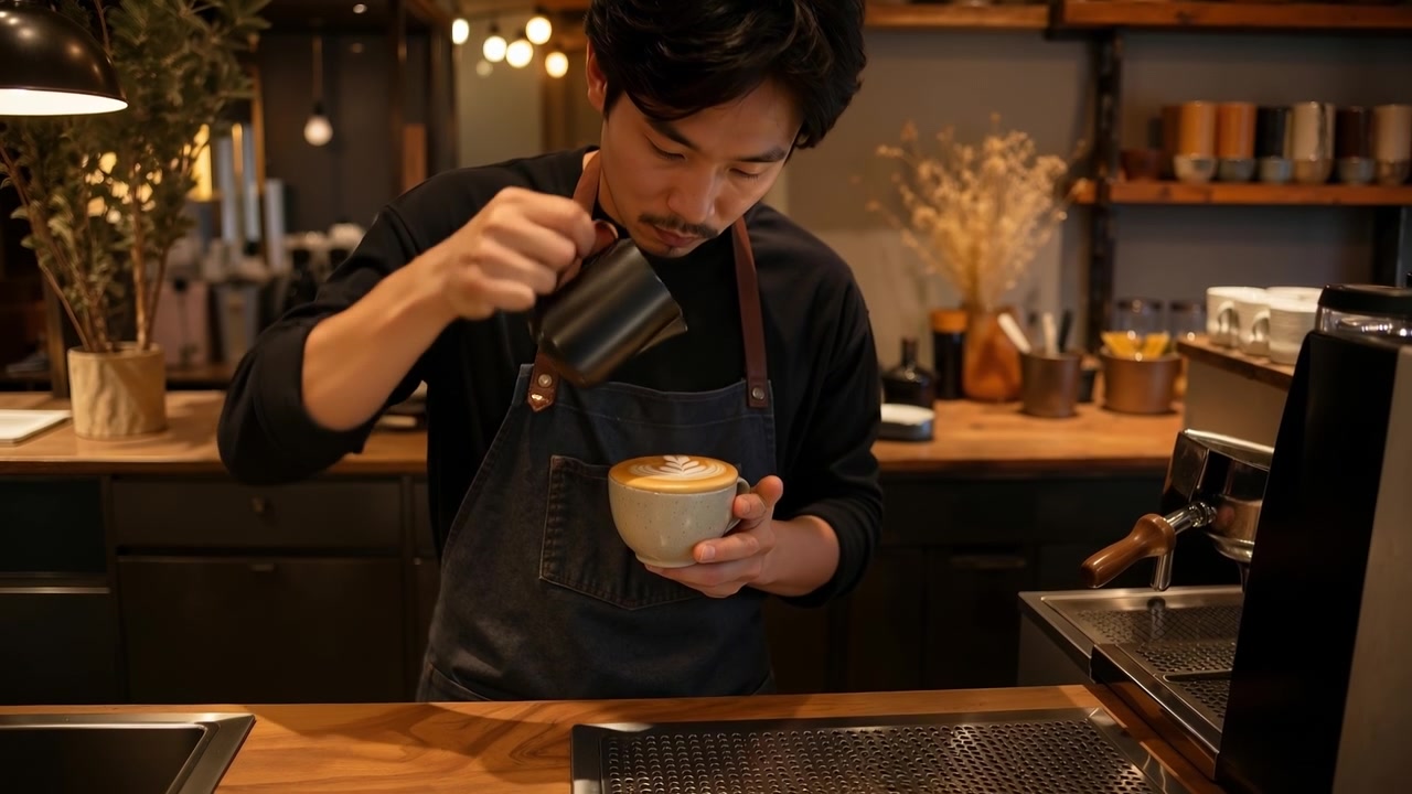 Barista che versa latte montato a vapore in una tazza di ceramica per creare latte art in una caffetteria.
