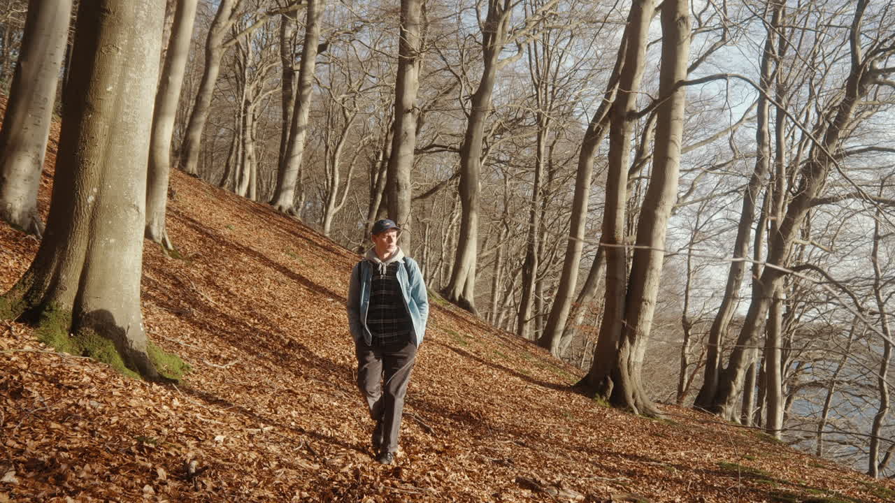 jovem caminhando por uma floresta montanhosa e passa a câmera