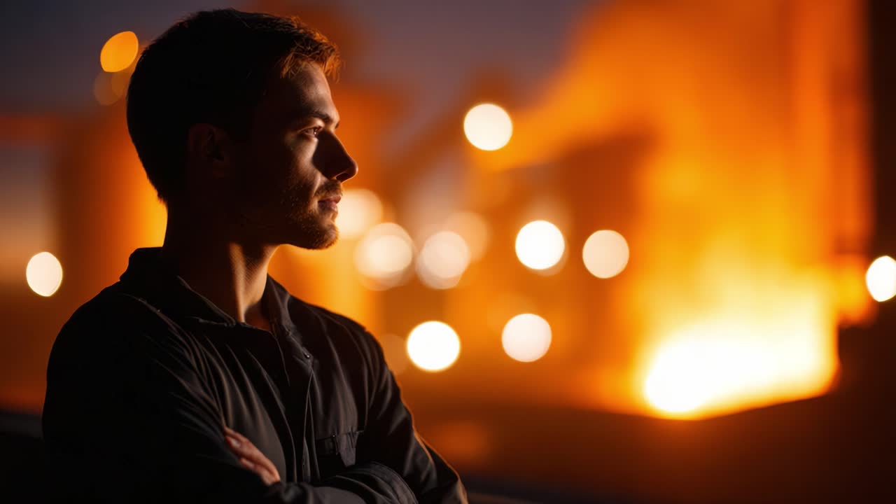 A contemplative man stands against a backdrop of warm glowing lights, reflecting on thoughts as the industrial landscape transforms the night into a radiant scene