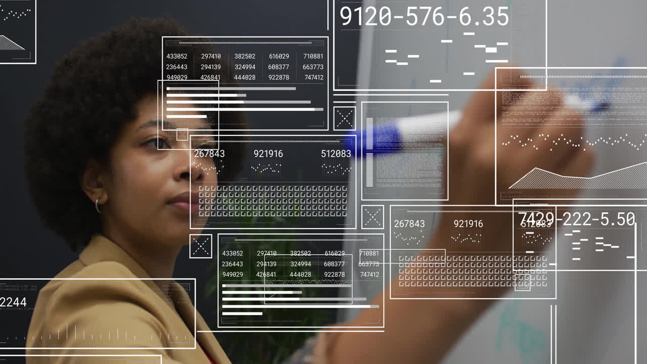 Animation of diagrams and data processing over biracial woman taking notes in office