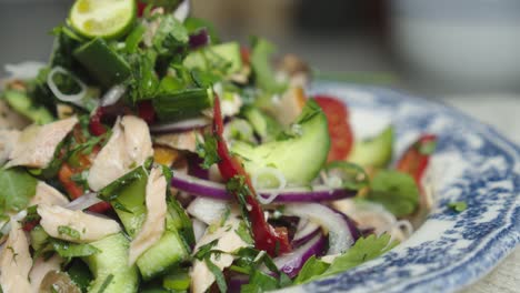 close up shot of vegetable and chicken breast salad