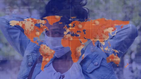 Animación-De-Una-Mujer-Poniéndose-Una-Máscara-Sobre-Un-Mapa-Mundial-E-Información