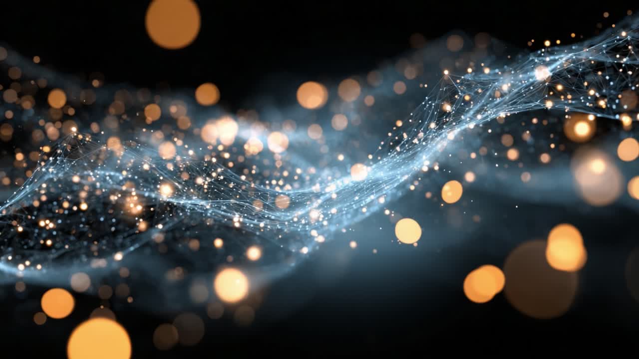 Arte astratta eterea che raffigura luce e particelle fluide in un ipnotico paesaggio digitale di punti e onde scintillanti