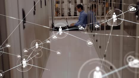 Animation-of-network-of-connections-with-man-in-background