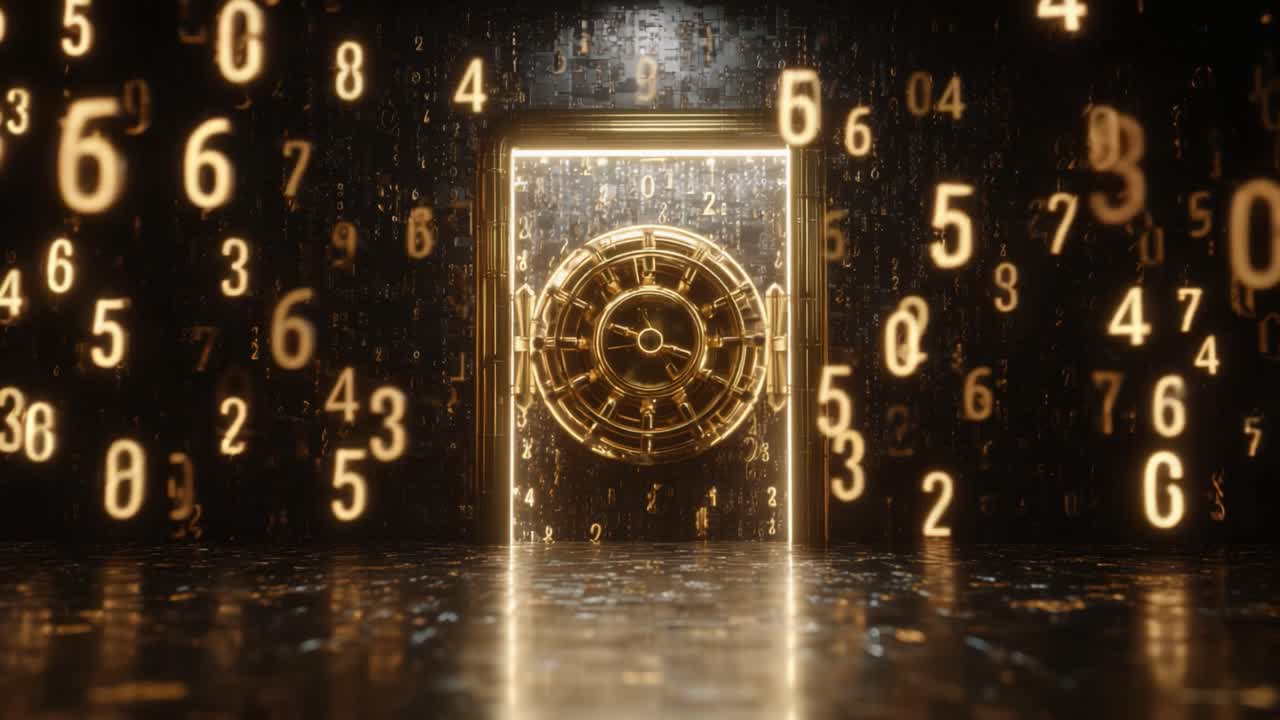 Futuristic golden safe door opening to reveal a bright light inside a dark room with floating glowing numbers, representing a digital world, wealth, success, and opportunities