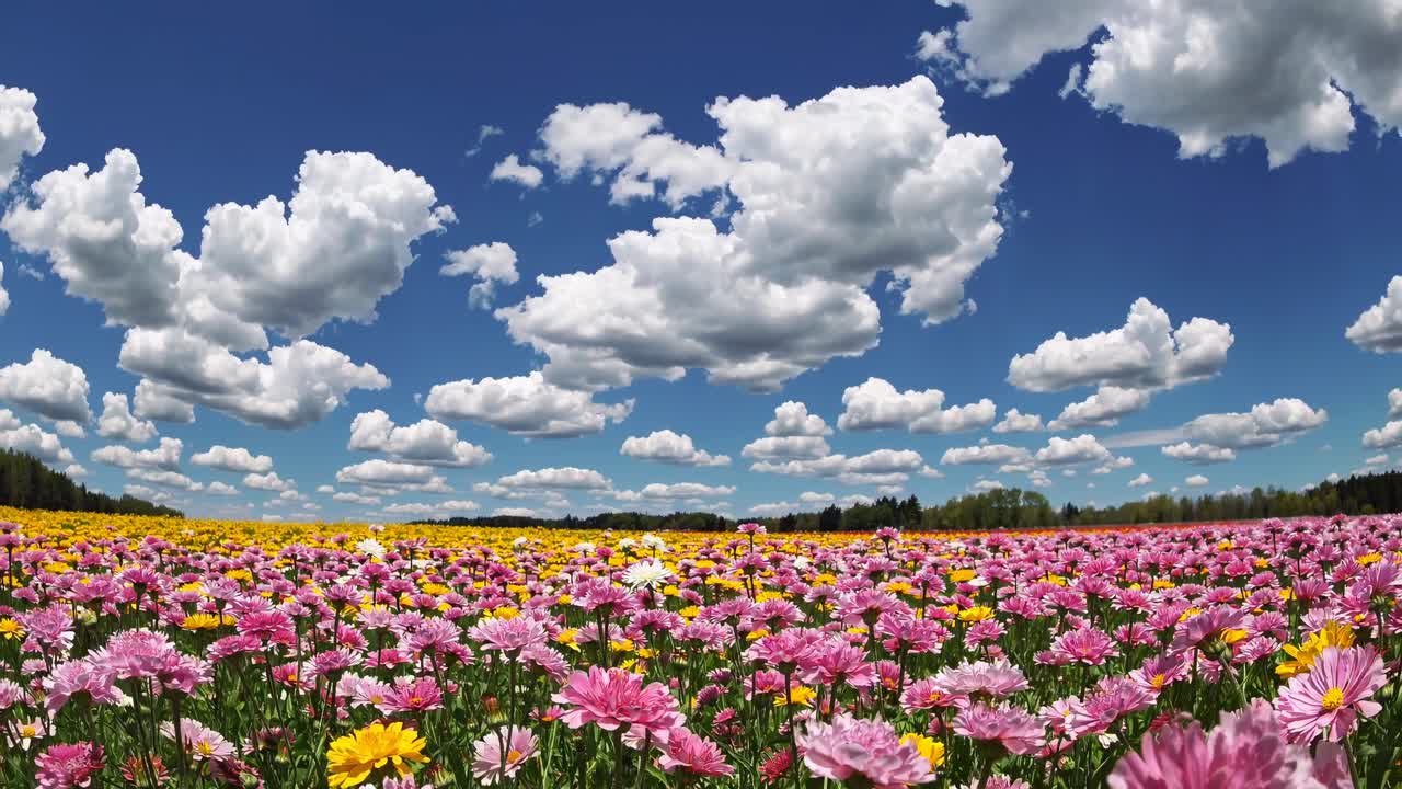 Video vivace ad angolo ampio di un campo di fiori colorati sotto un cielo blu intenso con nuvole soffici