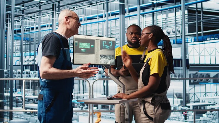 Photovoltaics smart factory team leader and workers talk about new PV materials