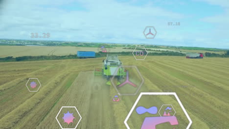 animation of eco icons and data processing over countryside farm land