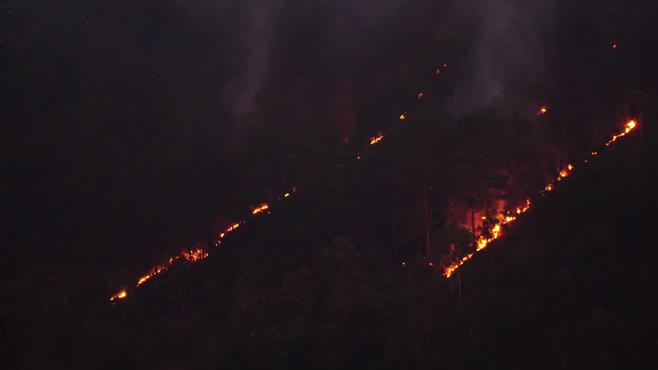 Giungla tropicale in fiamme su una collina in Vietnam, vista notturna con panoramica a destra.
