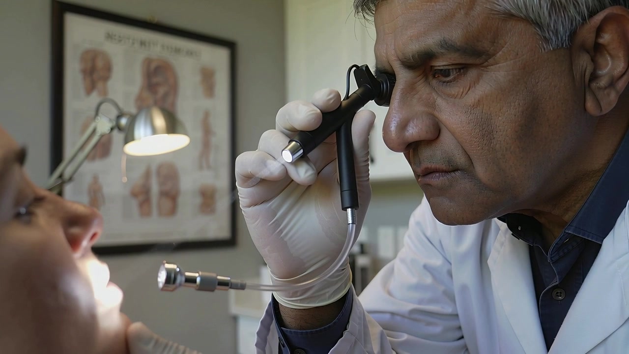 Portando un laringoscopio illuminato, un medico in camice e guanti esamina la gola di un paziente in clinica usando una lente d'ingrandimento