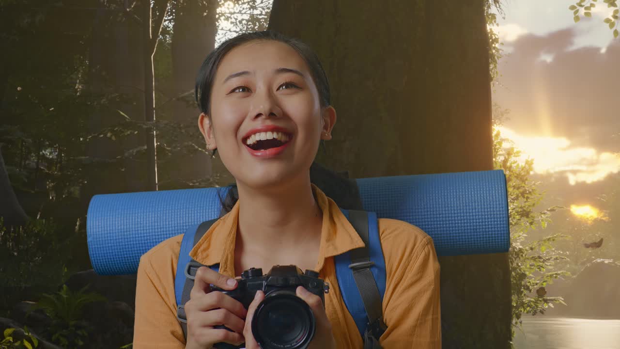 Woman Hiking and Photography in Forest