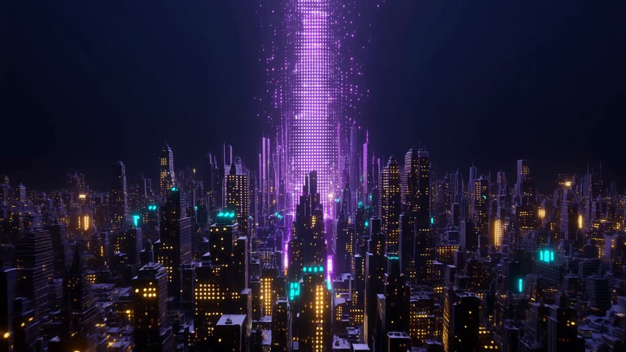 Futuristic Cyberpunk City Skyline with Glowing Purple Light Beam at Night