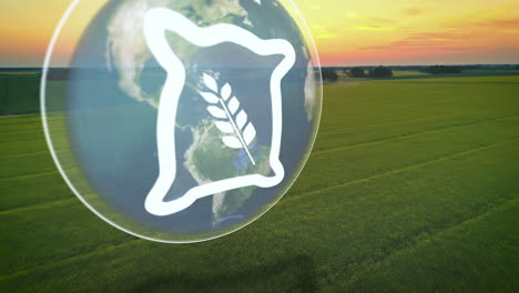 Field-of-wheat-at-sunset-with-a-globe-and-bag-of-grain-animation---aerial