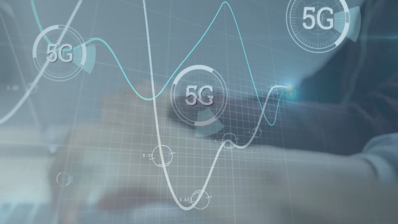 Animation of 5g text and financial data processing over caucasian businessman using laptop