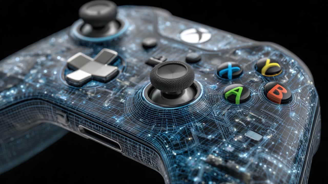 A Futuristic Gaming Controller Showcasing a High-Tech Circuit Design, Illuminated Patterns, and Precise Controls for an Enhanced Gaming Experience
