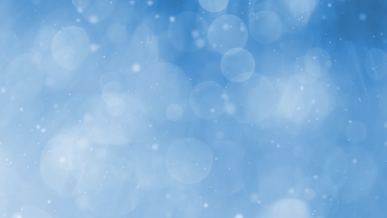 Leuchtend blaues Bewegungs-Bokeh mit weißen, unscharfen, sich bewegenden Kreisen und umherfliegenden Partikeln.