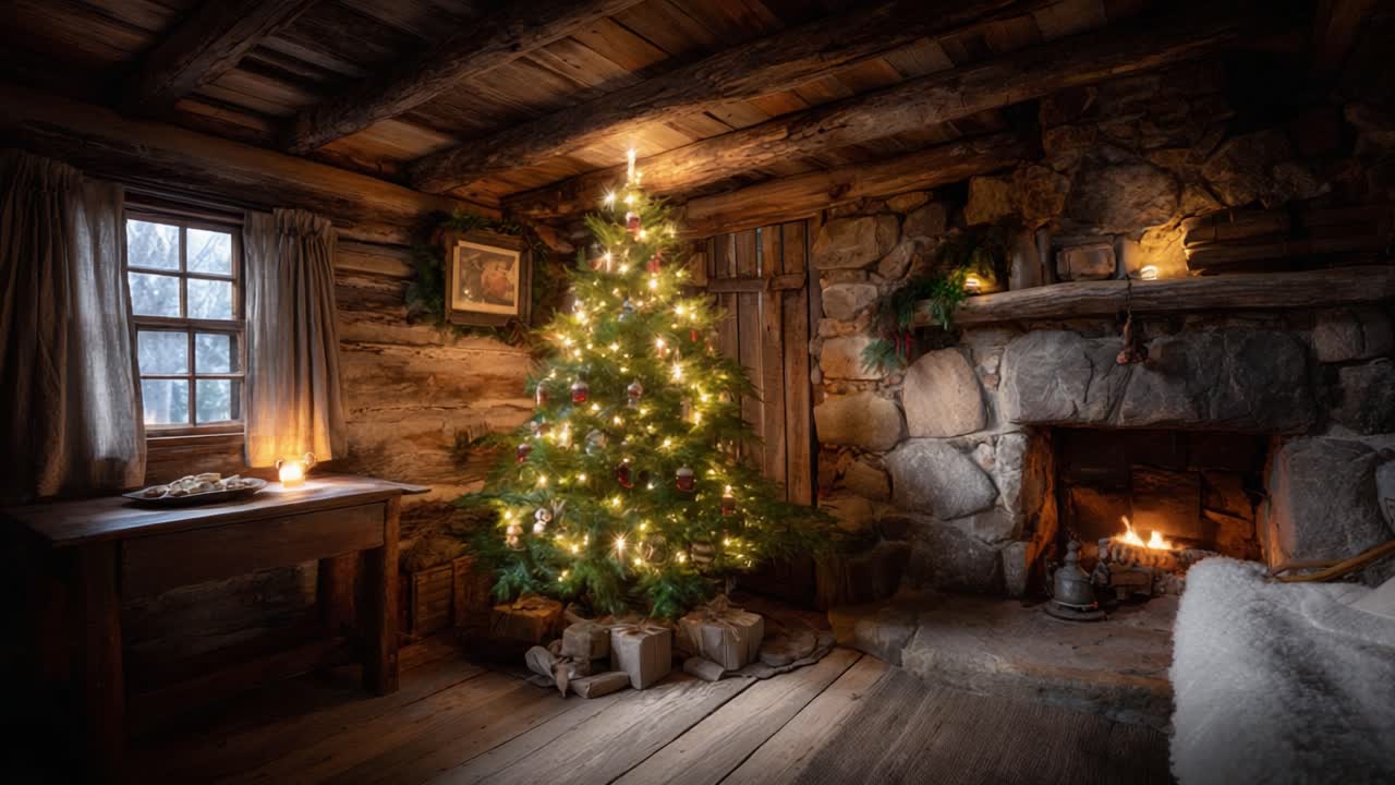 Cozy Christmas Scene with a Beautifully Adorned Tree and Warm Fireplace in a Rustic Cabin, Captured in Two Moments Reflecting Holiday Magic and Ambiance