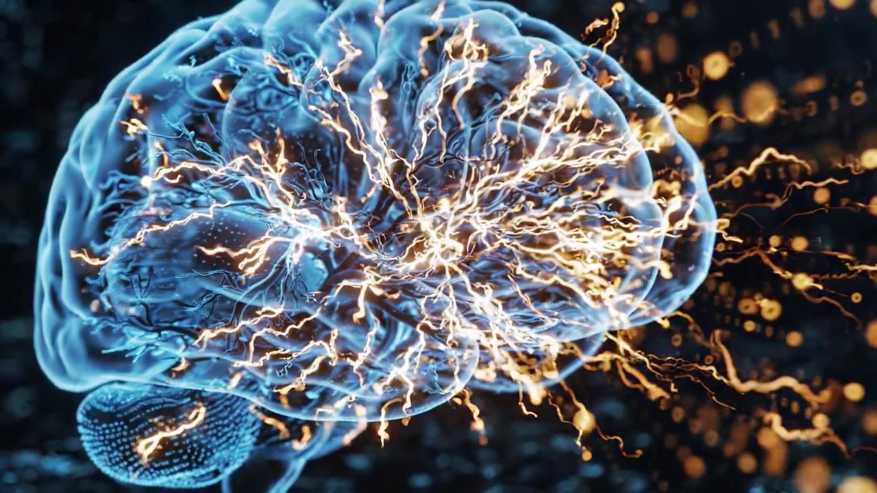 A stunning visual representation of the brain's neural networks, showcasing the intricate connections and dynamic energy patterns as if evolving through a digital explosion.