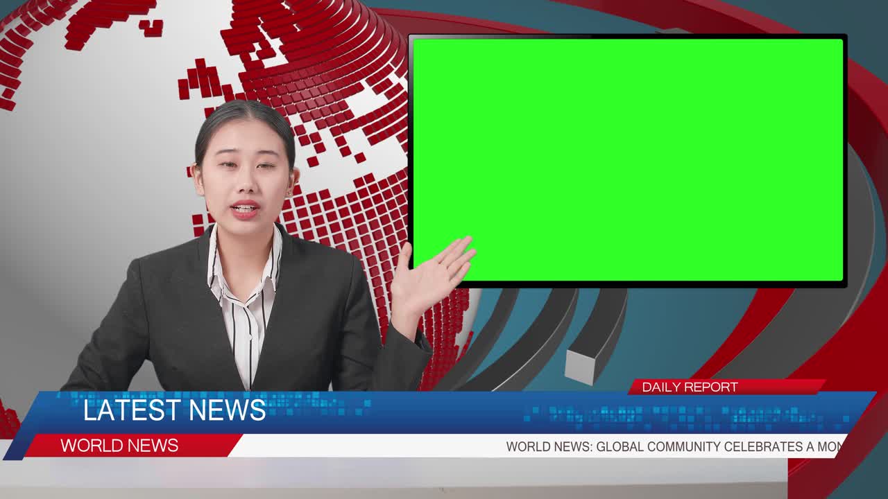 Live News Studio With Asian Professional Female Anchor And Green Screen Television Pointing To Side While Reporting On The Events Of The Day
